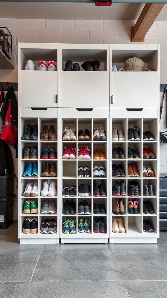 Organized shoe cubbies in a garage with various types of shoes neatly arranged.