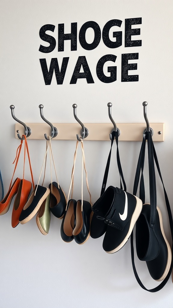 A wall-mounted shoe rack with colorful shoes hanging from hooks.