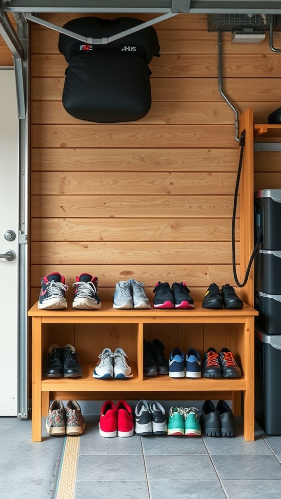 A wooden shoe storage bench with various pairs of shoes organized on it, set in a garage with wooden walls.
