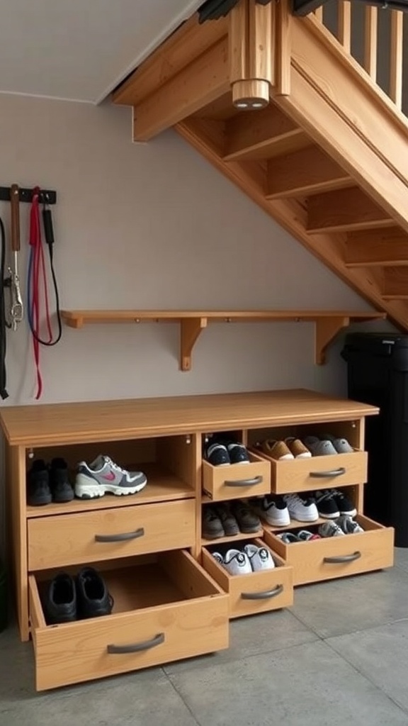 Wooden shoe storage unit with drawers under a staircase