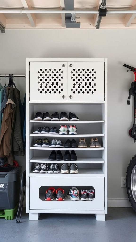 Shoe storage unit with ventilation holes and multiple shelves in a garage setting.
