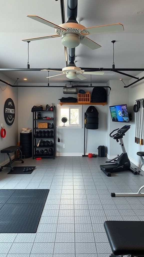 A modern garage gym featuring a TV, workout equipment, and organized storage.