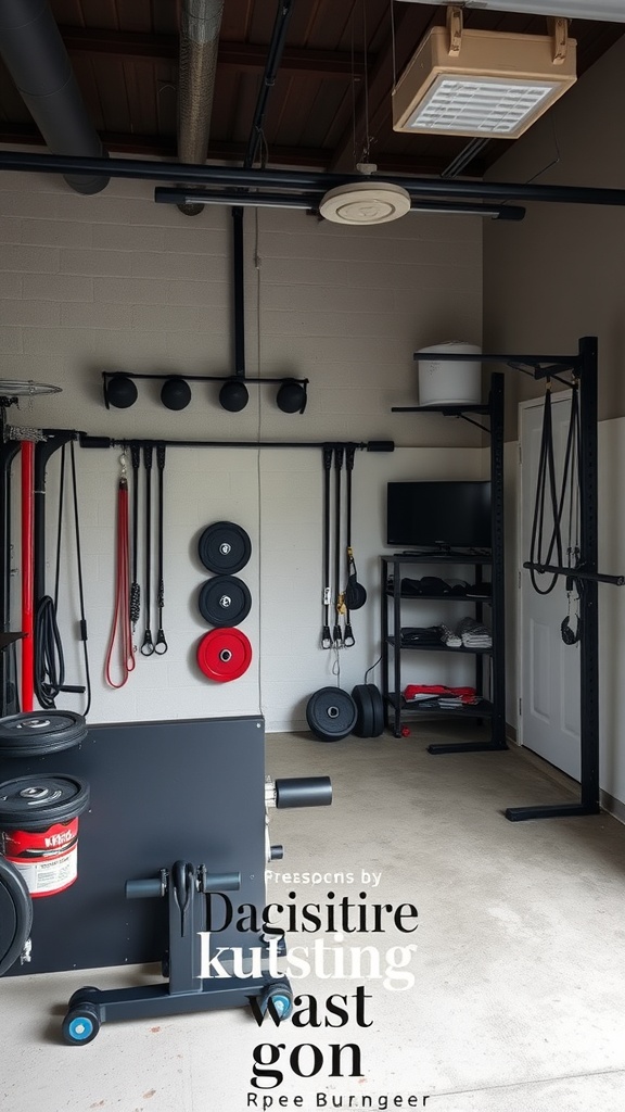 A compact garage gym setup with wall-mounted storage, a multi-functional machine, and bright overhead lighting.