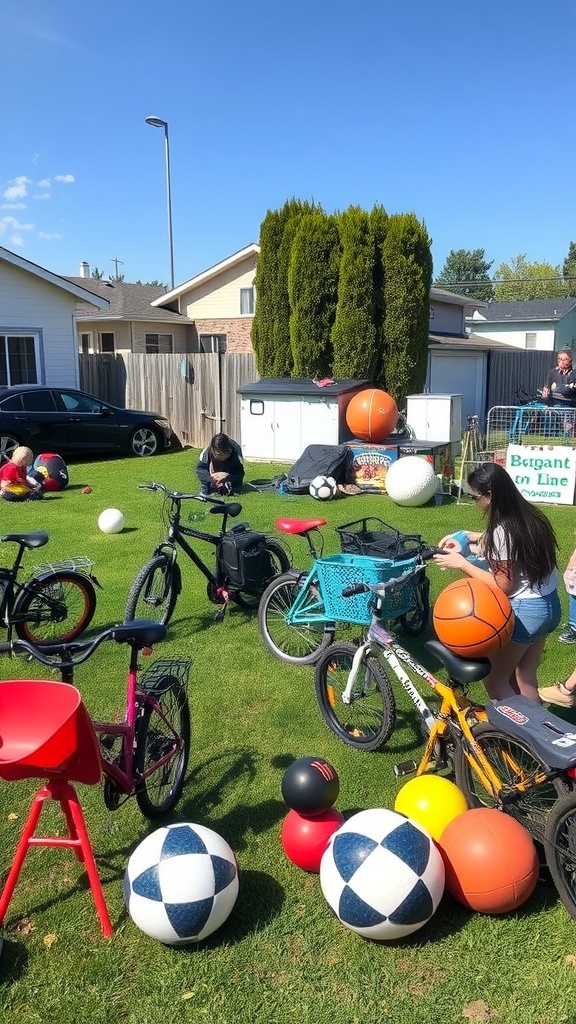 A vibrant garage sale scene with various sports balls and bicycles on a lawn.