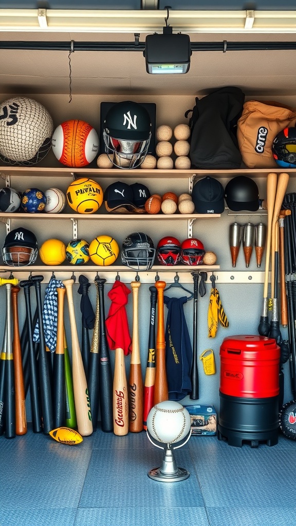 Organized garage storage with sports equipment including bats, balls, and helmets.