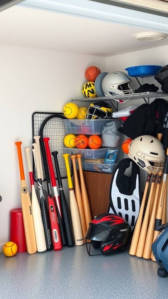Organized garage storage for sports equipment including bats, balls, and helmets.