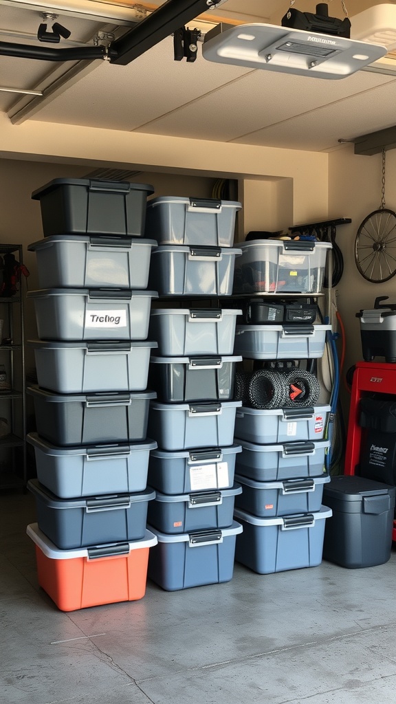 A stack of various stackable storage containers in a garage, organized and labeled for easy access.