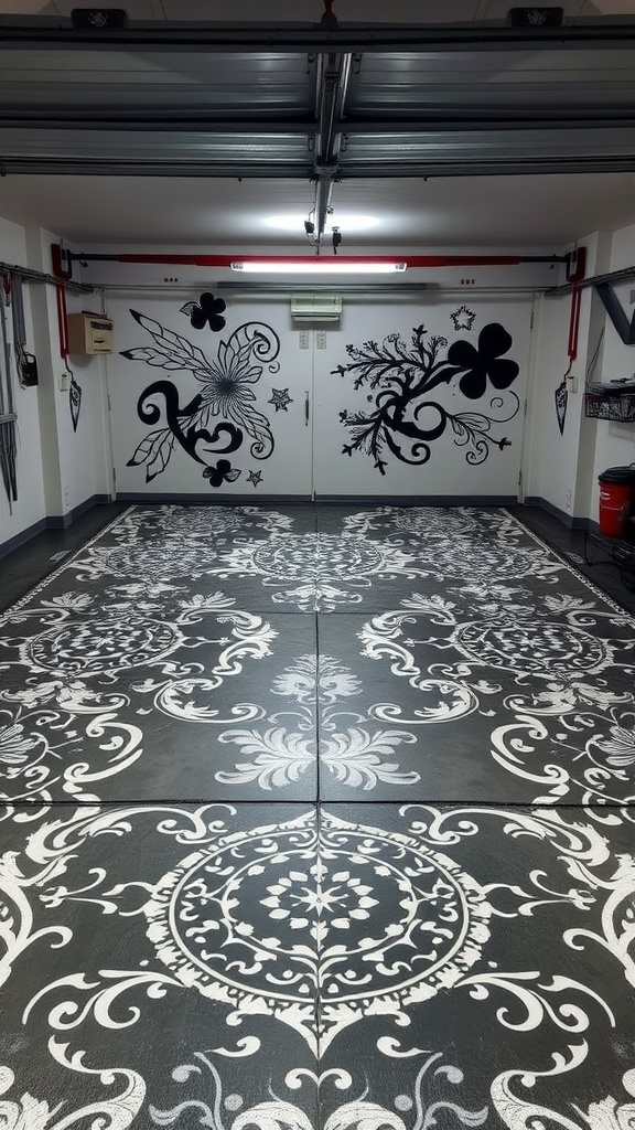 A creatively stenciled garage floor with intricate black and white designs.