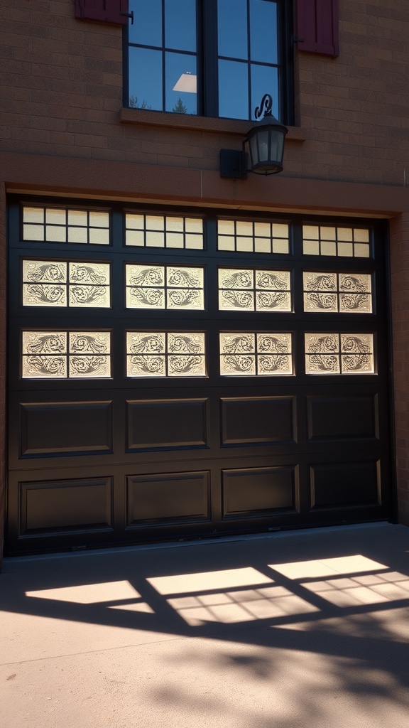 A stylish garage door featuring intricate window inserts, enhancing the overall aesthetic.