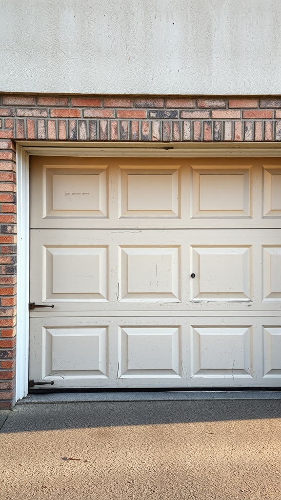 A garage door with a textured paint finish, showing a subtle design.