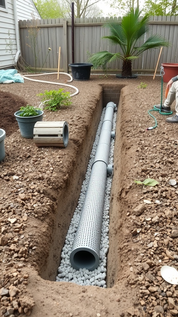 Image of a traditional French drain installation showing a trench with a perforated pipe and gravel.