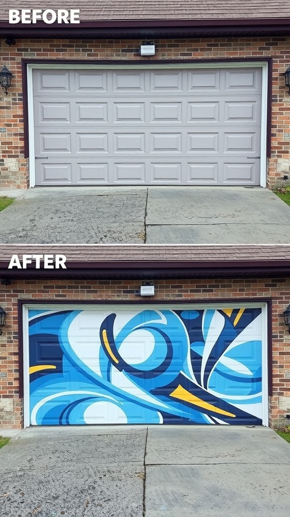 Before and after images of a garage door transformation using vinyl wraps.
