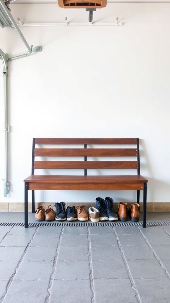 A wooden bench in a garage with several pairs of shoes neatly arranged underneath.