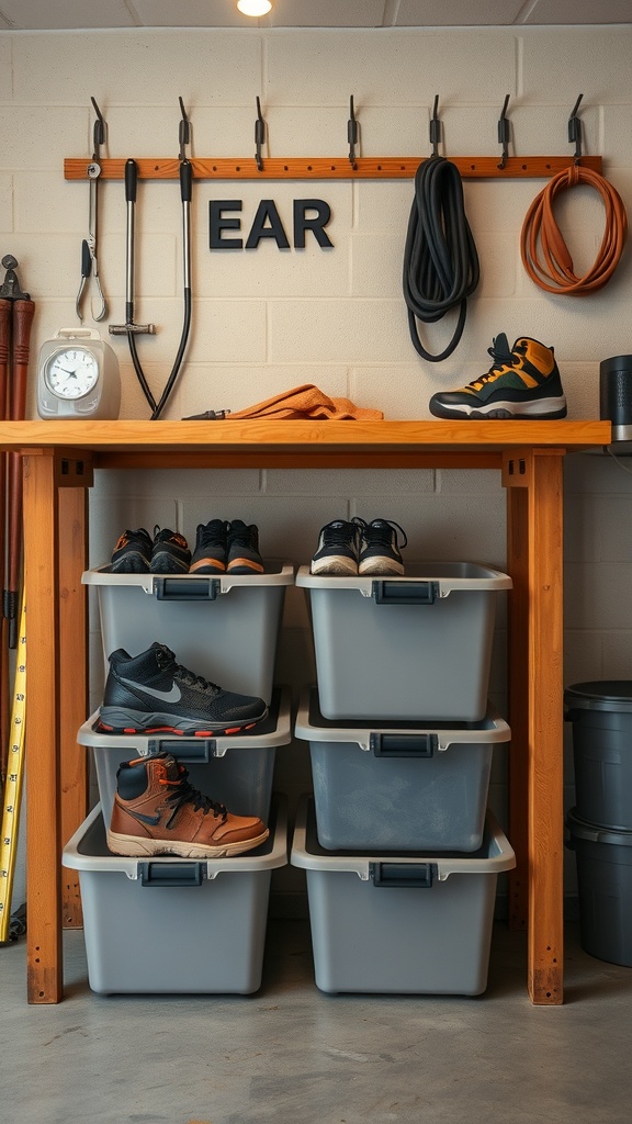 Wooden bench with clear storage bins underneath, holding various pairs of shoes.