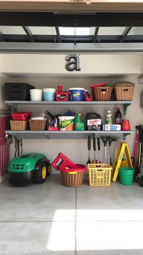 A well-organized garage with under-shelf baskets holding various items.