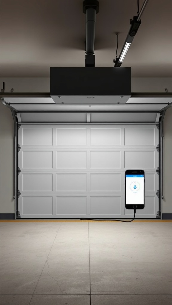 A modern garage door with a smartphone connected to a smart garage door opener