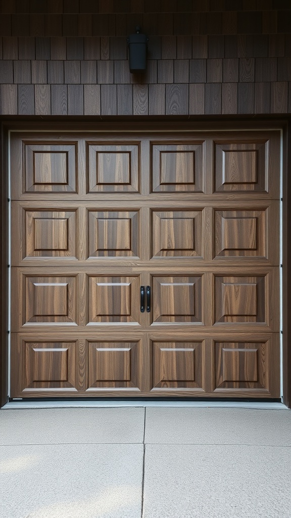 A garage door with a faux wood finish, featuring a rich texture and design.