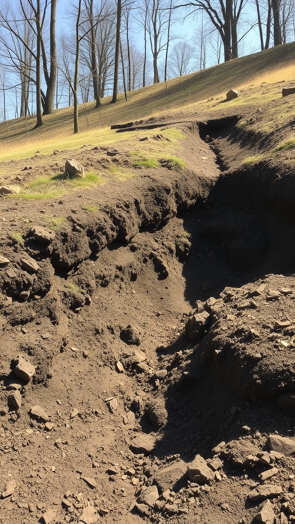 A trench for a French drain installation, showing disturbed earth and stones on a sloped area.