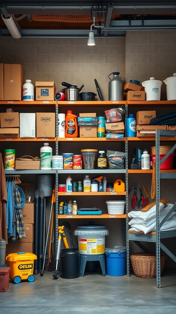 A well-organized utility shelving unit in a garage, displaying various storage items like boxes, cleaning supplies, and tools.