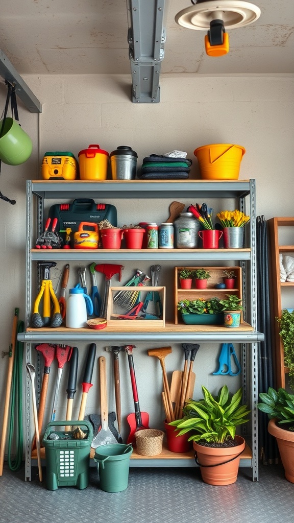 A corner shelving unit in a garage filled with gardening tools, containers, and plants.