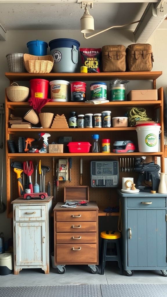 A garage shelf made from old furniture, displaying various tools and storage bins.