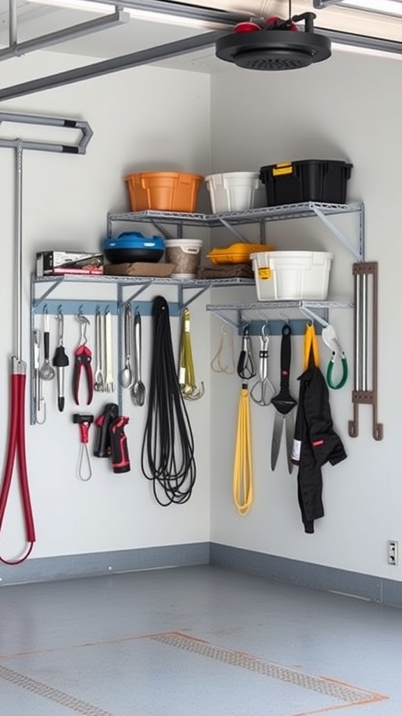 Organized garage with shelves and tools hanging on the wall