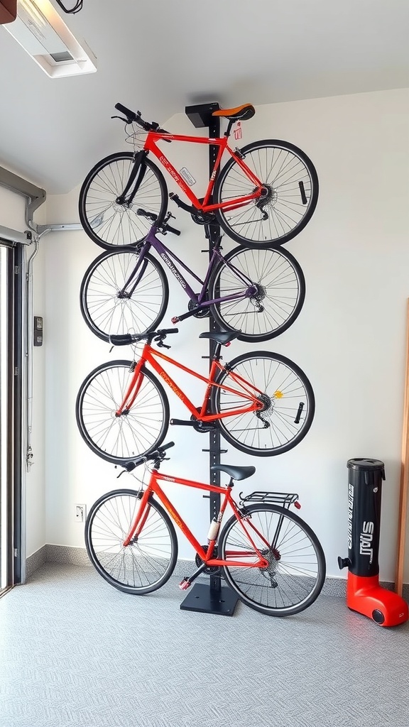Vertical bike storage rack holding four bikes in a garage