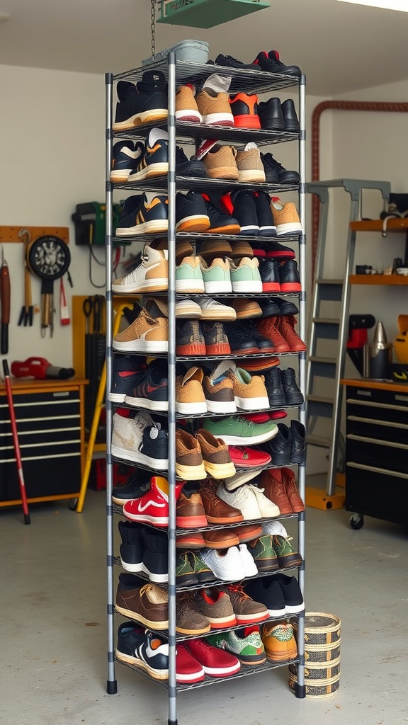 A vertical shoe rack filled with various types of shoes in a garage setting.