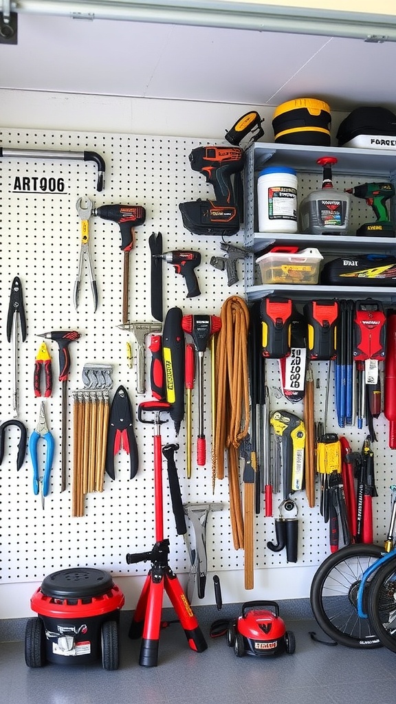 A well-organized garage wall with tools on a pegboard and storage bins on shelves.