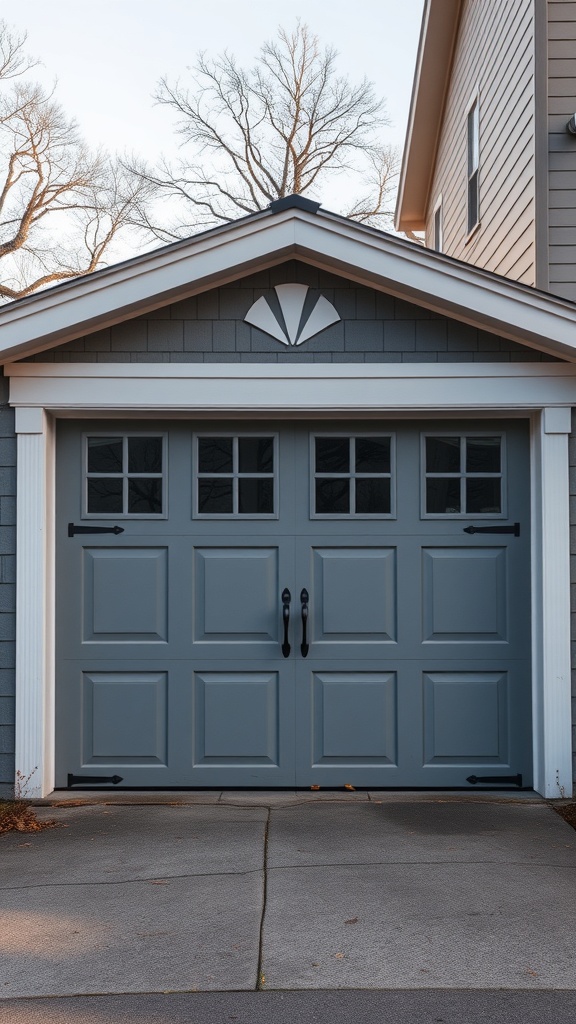 A vintage-style garage door with a soft gray color and decorative elements.