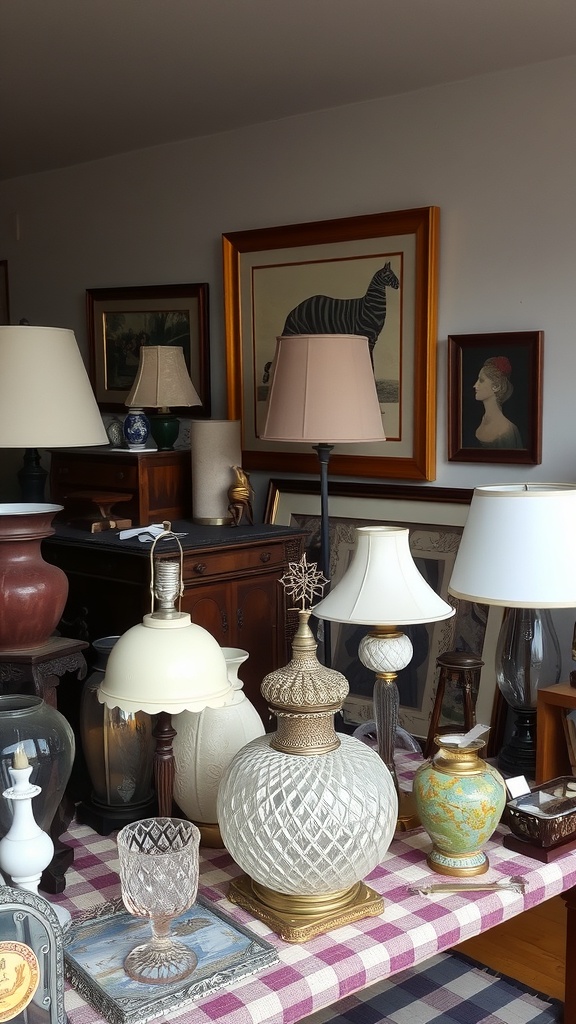 A display of vintage lamps and decorative items on a table, showcasing unique home decor finds.