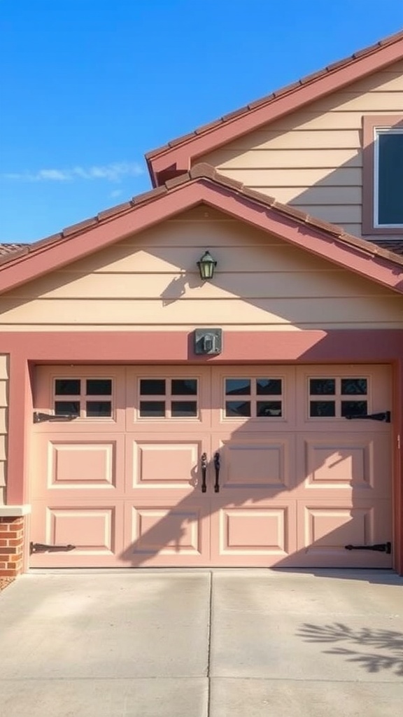 A vintage style garage door in a soft pink color with decorative hardware and small windows.
