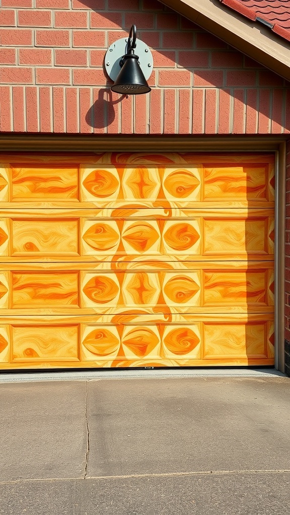 A garage door with a vibrant orange and yellow vinyl wrap design.