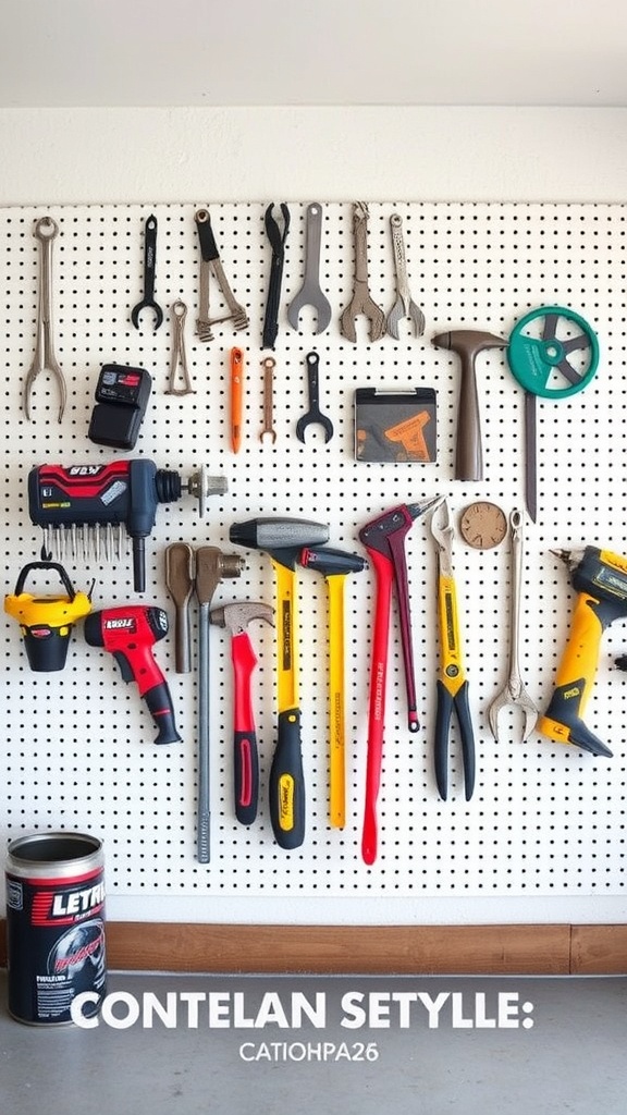 A wall-mounted pegboard filled with various tools, showcasing an organized garage space.