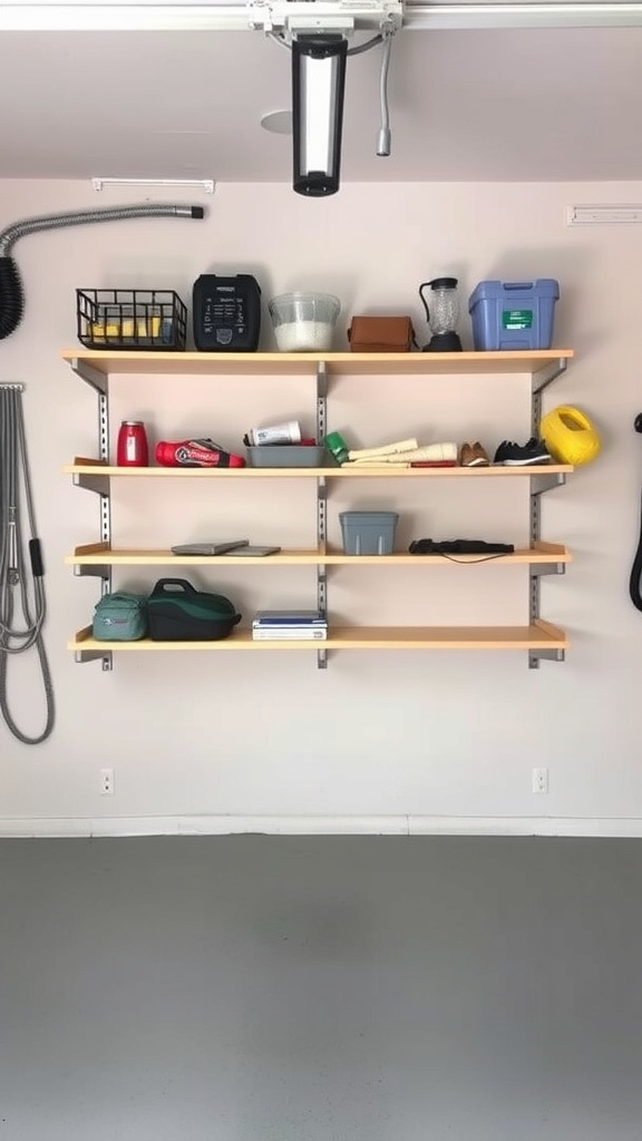Wall-mounted shelves in a garage with various items organized on them.