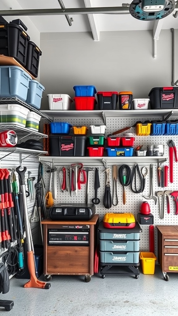 Organized garage with wall-mounted shelving and colorful storage bins.
