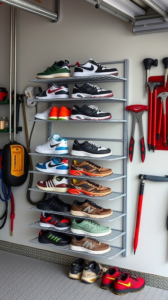 A wall-mounted shoe rack in a garage displaying various shoes.