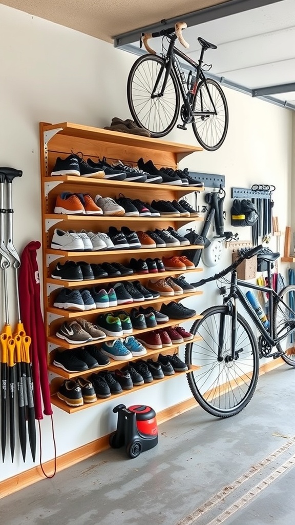 A garage with wall-mounted shoe shelves displaying various pairs of shoes and a bicycle hanging above.