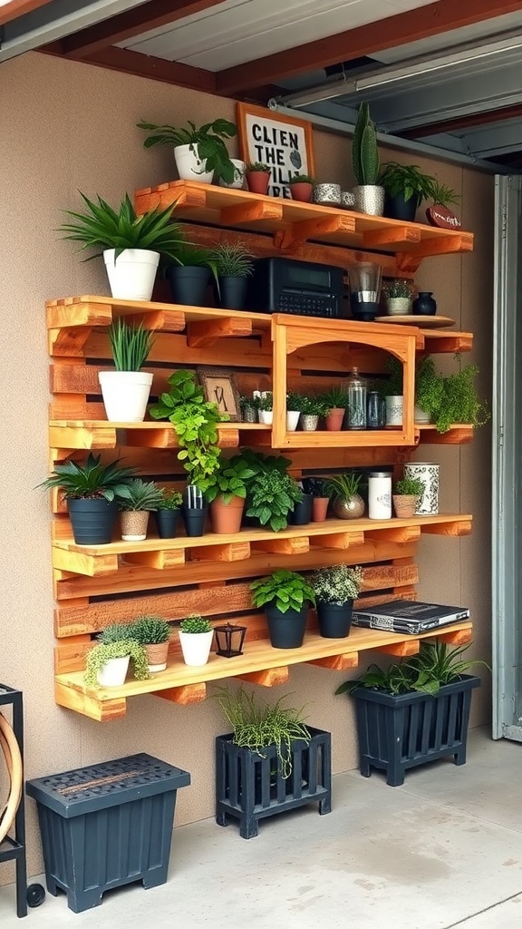 Wooden pallet shelves filled with plants and decorative items in a garage.