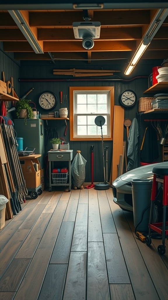 A garage featuring wooden planks on the floor, with organized tools and soft lighting.