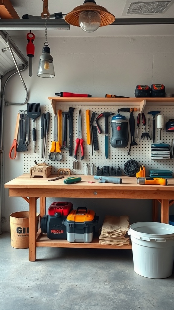 A well-organized workbench with tools on a pegboard and storage boxes underneath.