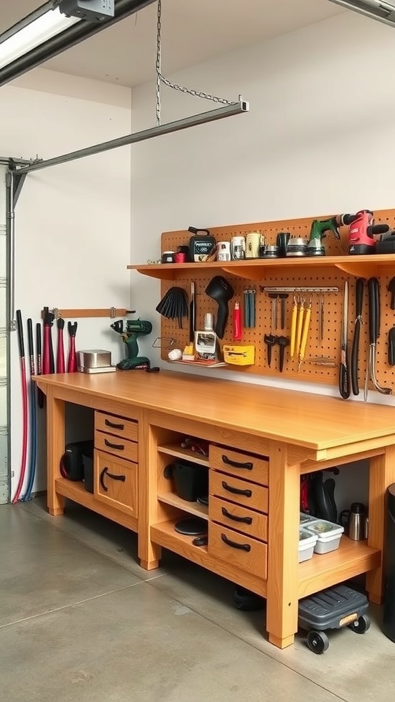 A wooden workbench with built-in storage, featuring drawers and a pegboard for tools.