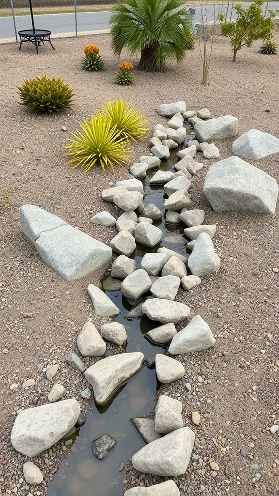A dry creek bed made of smooth stones with plants around it.