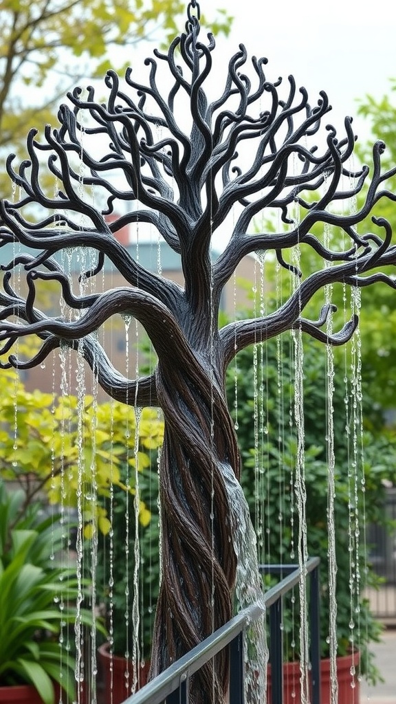 Artistic sculpture of a tree with water flowing down its branches, serving as a rain chain.