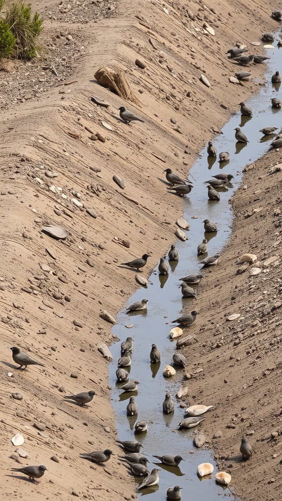 A dry creek bed with birds gathered around shallow water.