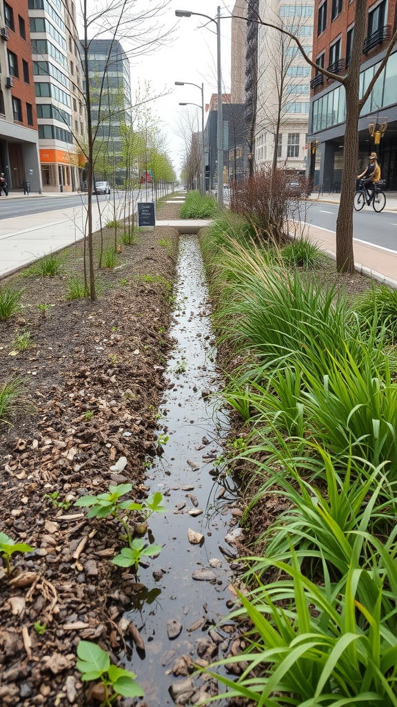 A bioswale in an urban setting, featuring a narrow water channel bordered by plants and gravel.