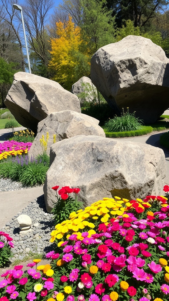 A vibrant flower bed with large boulders, featuring colorful flowers like pink and yellow blooms.