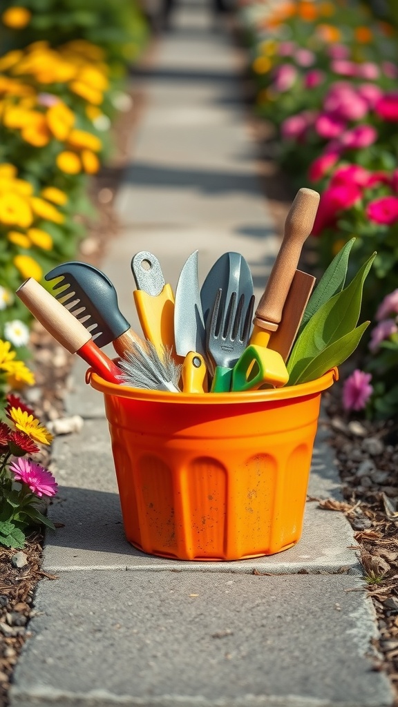 An orange bucket filled with various gardening tools, surrounded by colorful flowers on a garden path.
