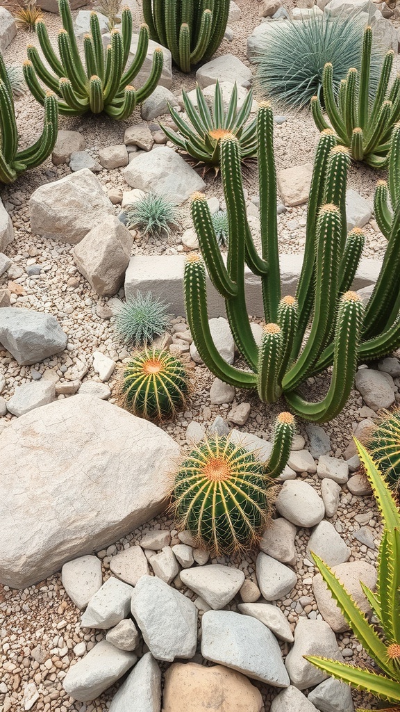 A vibrant arrangement of various cacti surrounded by rocks and gravel.