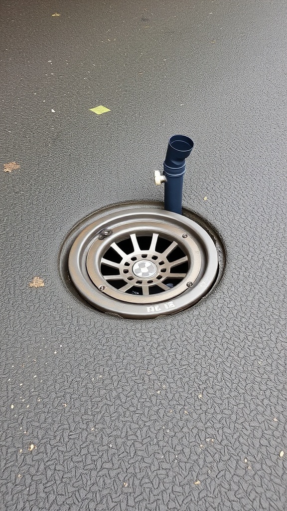 A catch basin with a stylish cover and an attached pipe for drainage.